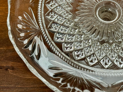 Antique Pressed Glass Pedestal Cake Stand with Scalloped Edge and Diamond Pattern
