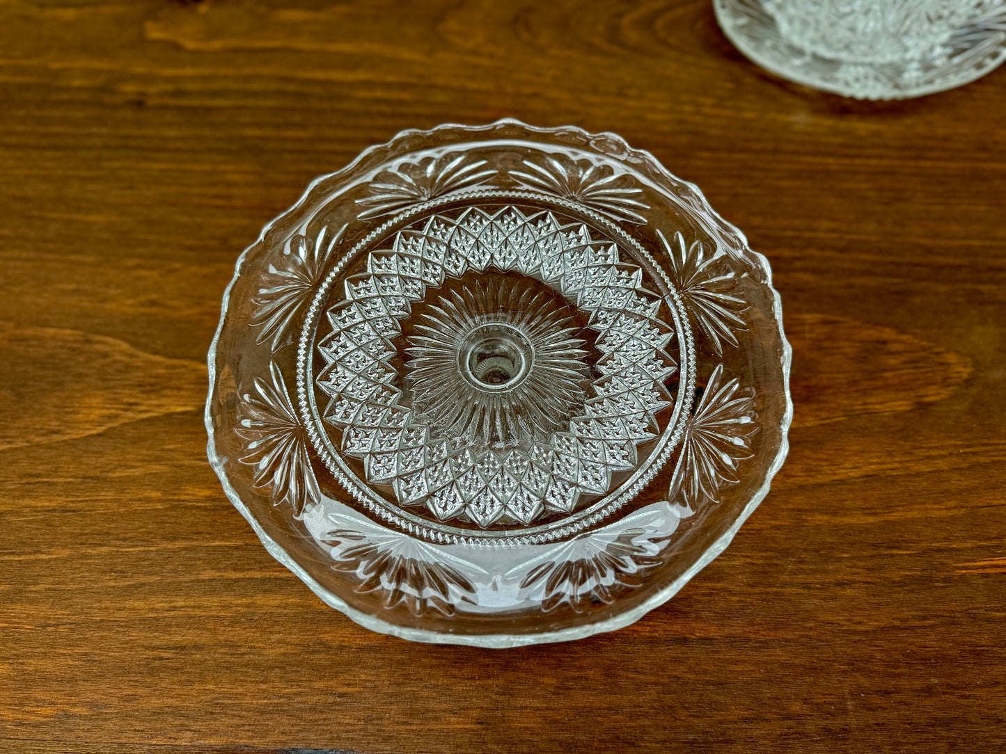 Antique Pressed Glass Pedestal Cake Stand with Scalloped Edge and Diamond Pattern