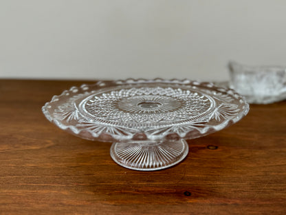 Antique Pressed Glass Pedestal Cake Stand with Scalloped Edge and Diamond Pattern