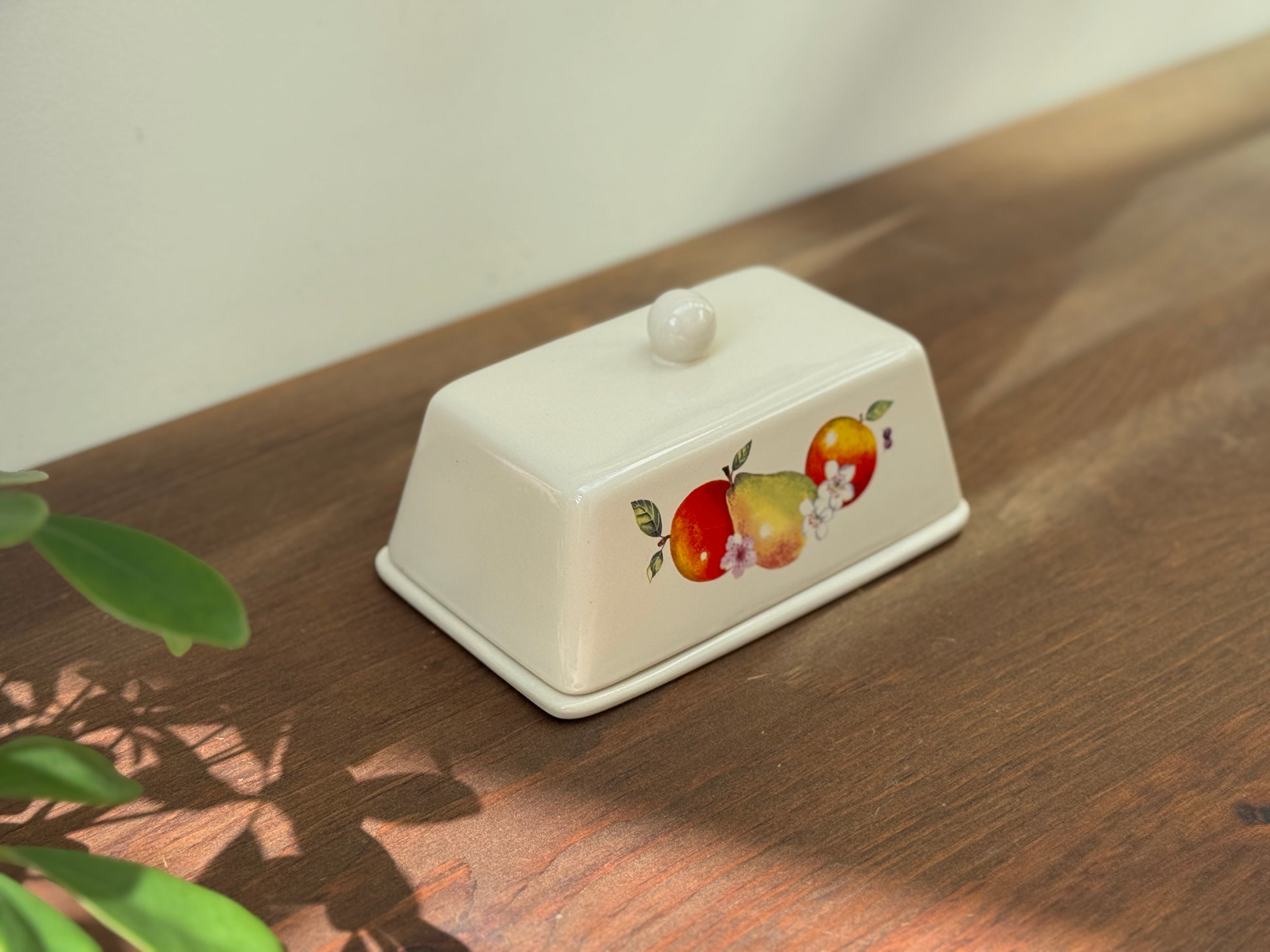 Vintage ceramic butter dish with fruit pattern