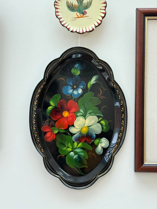 Vintage Russian Toleware Tray - Black with Floral Pattern (Hanger Included)