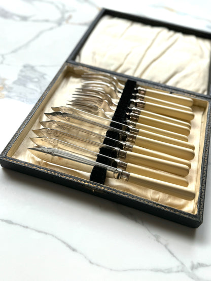 Vintage Silver Plated Fish Knife & Fork Set for Six | Faux Bone Handles & Original Box, c.1910-1930s