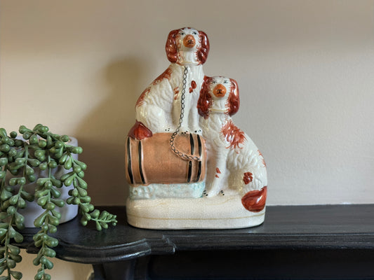Vintage Staffordshire Flatback of Two Spaniels with a Barrel