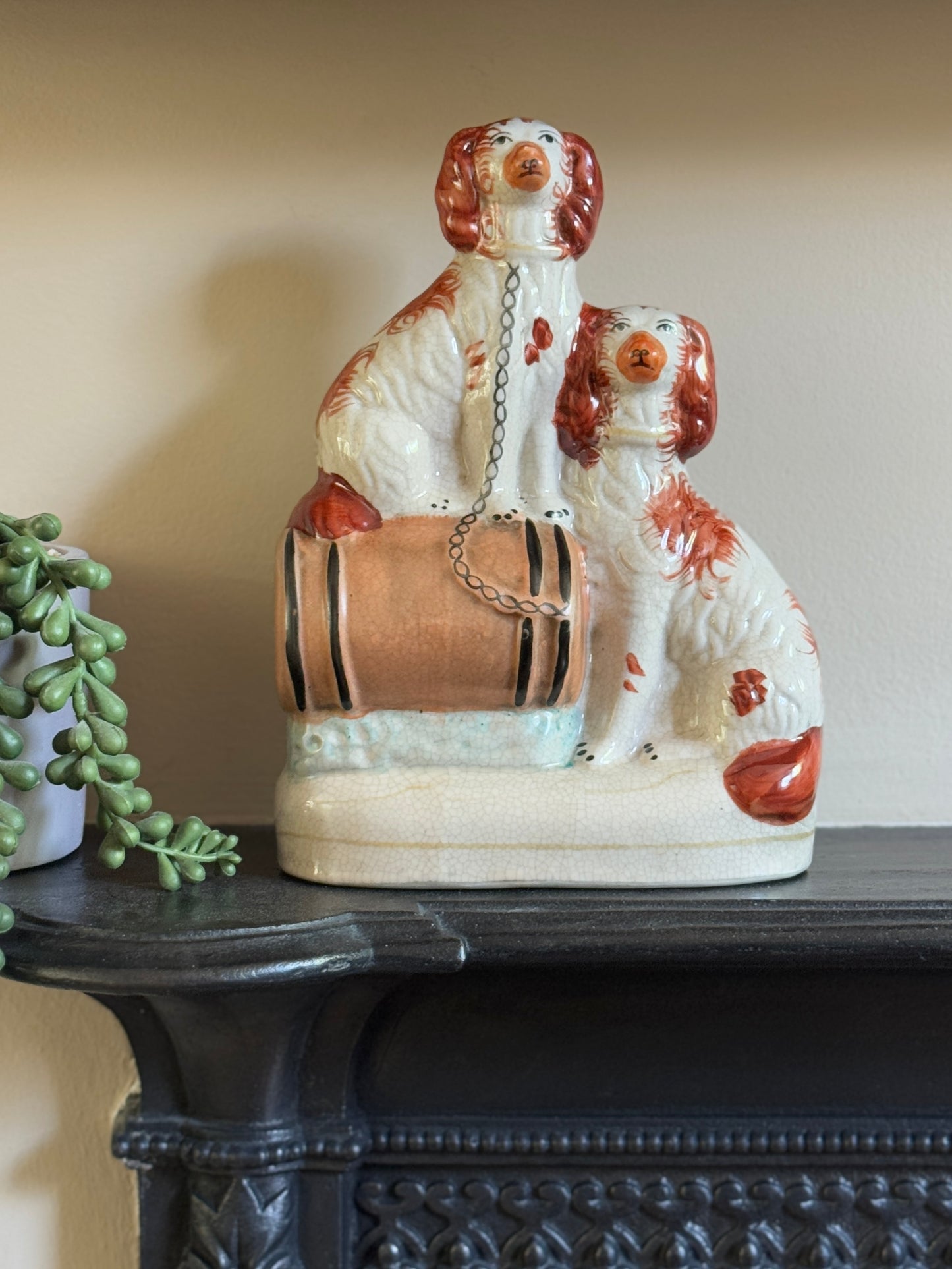 Vintage Staffordshire Flatback of Two Spaniels with a Barrel