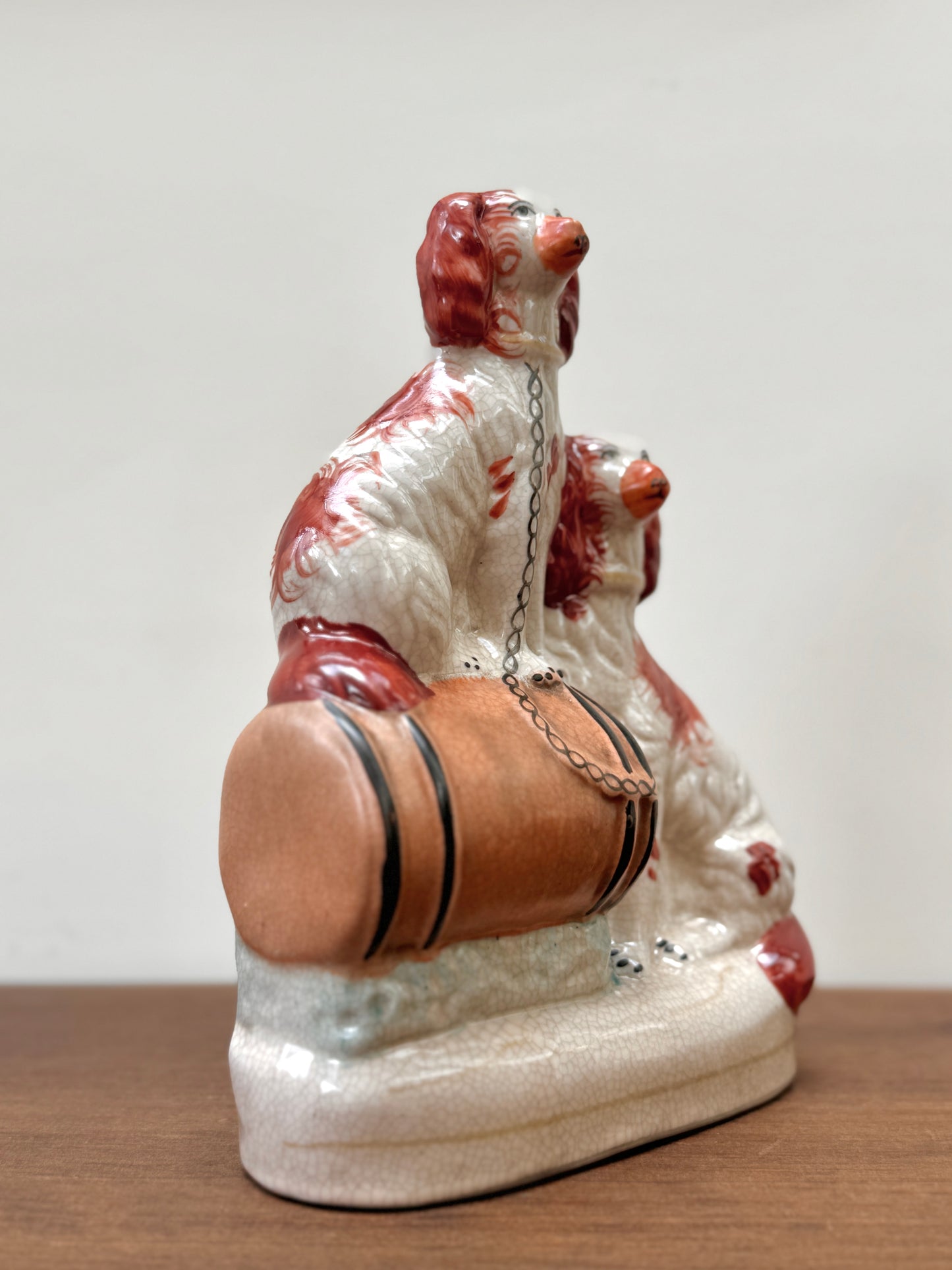 Vintage Staffordshire Flatback of Two Spaniels with a Barrel