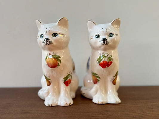 Pair of Vintage Staffordshire-Style Cats with Fruit Motif