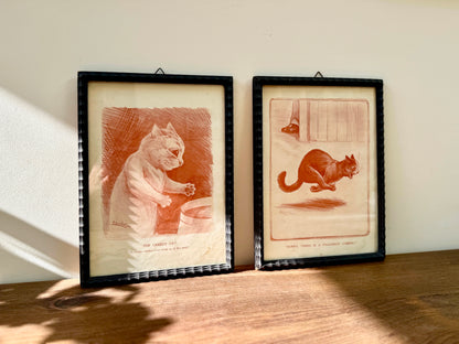 Pair of Antique Louis Wain Cat Prints in Black Wooden Frames, Early 20th Century