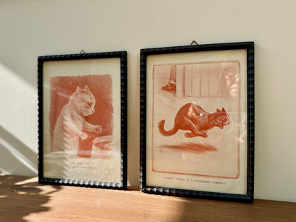 Pair of Antique Louis Wain Cat Prints in Black Wooden Frames, Early 20th Century