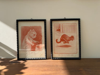 Pair of Antique Louis Wain Cat Prints in Black Wooden Frames, Early 20th Century