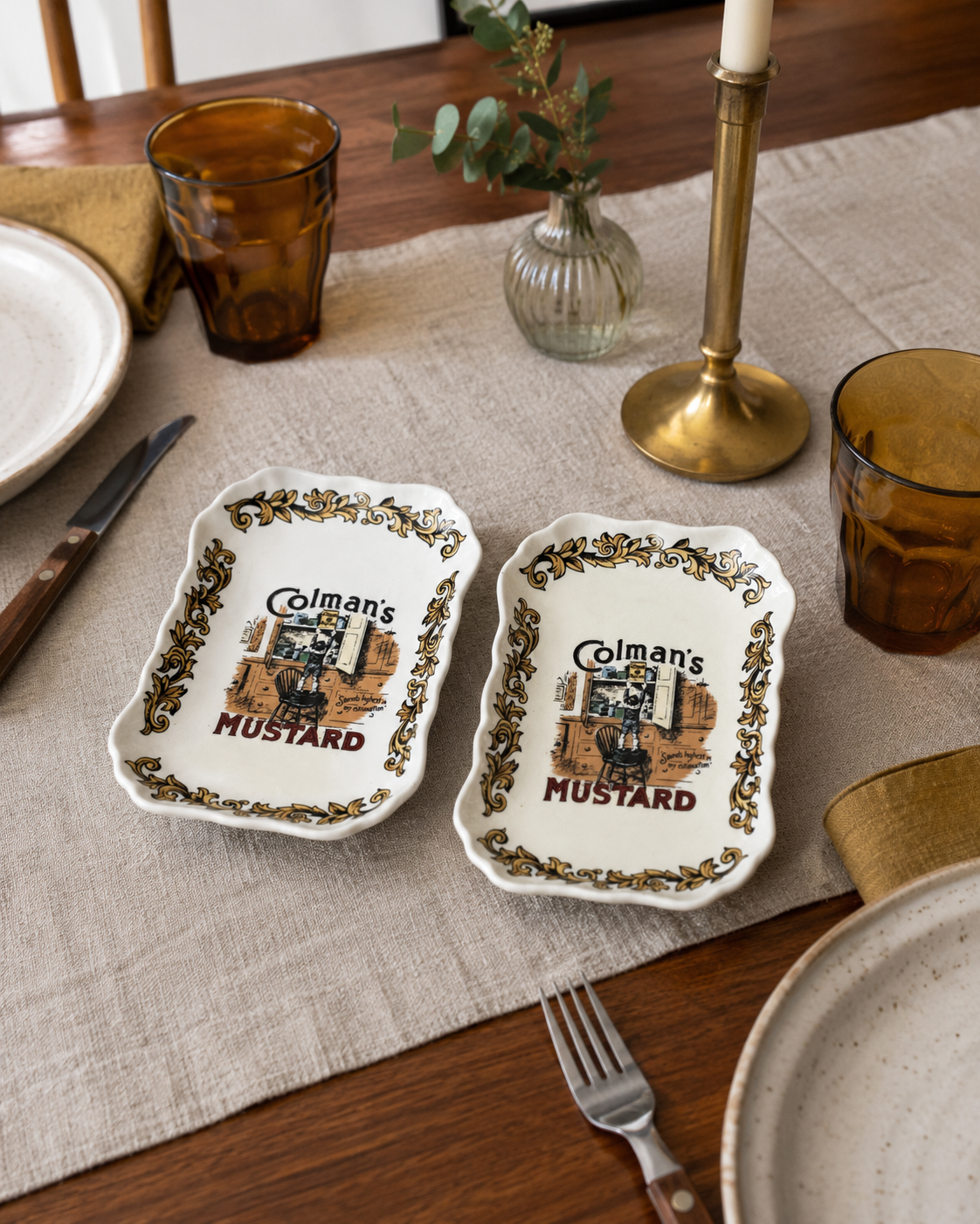 英国ヴィンテージ、ロード・ネルソン・ポタリー「コールマンズマスタード」の広告柄プレート｜2枚セット