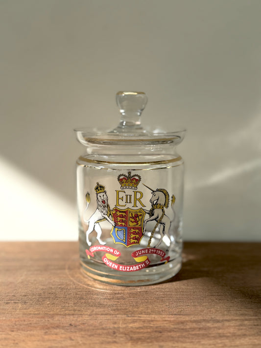 Vintage 1953 Queen Elizabeth II Coronation lidded glass jar with Royal Coat of Arms and gilt decoration