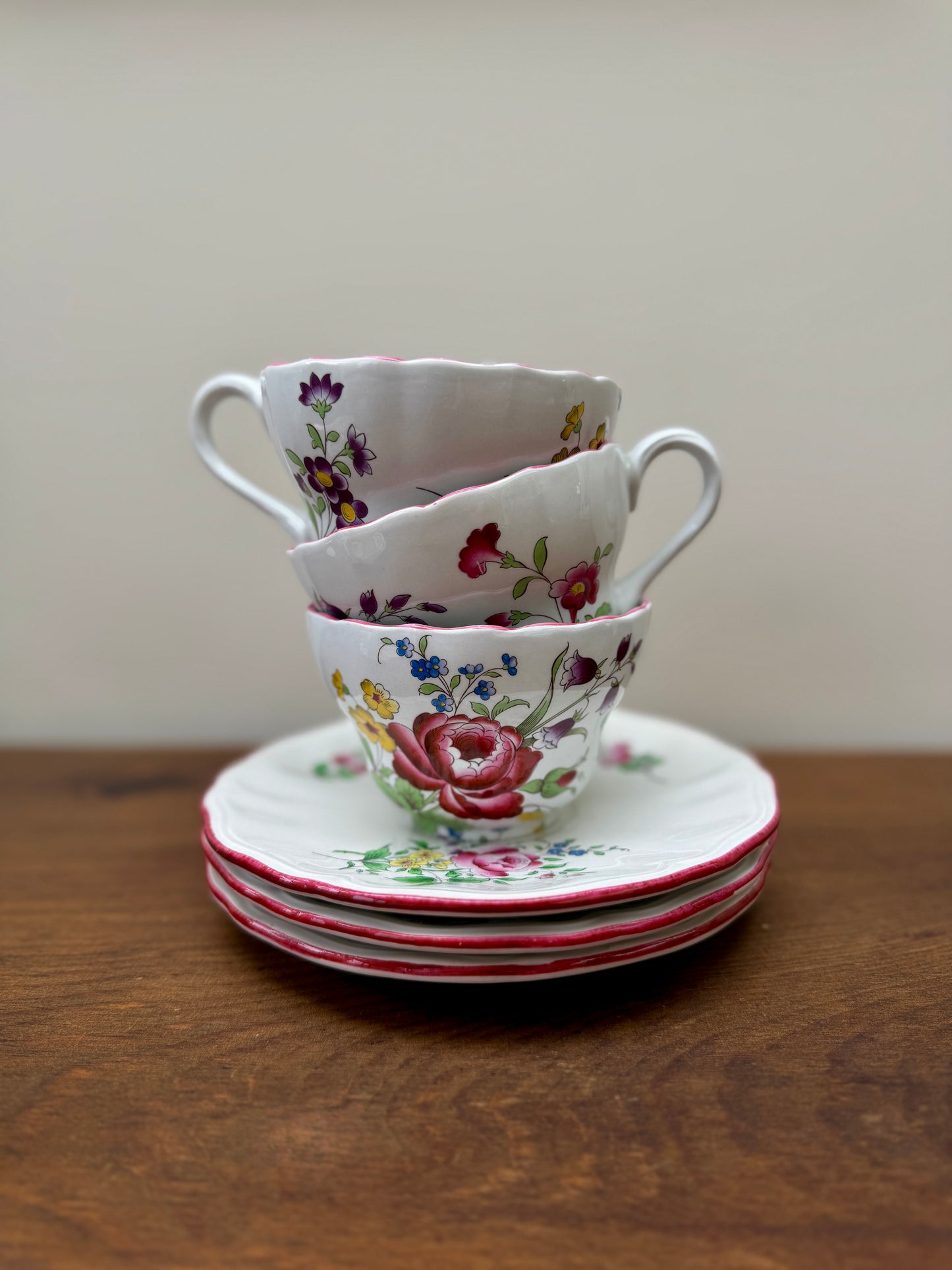 Set of Three Vintage Floral Teacups and Saucers, Spode & KG Lunéville