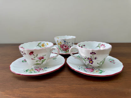 Set of Three Vintage Floral Teacups and Saucers, Spode & KG Lunéville