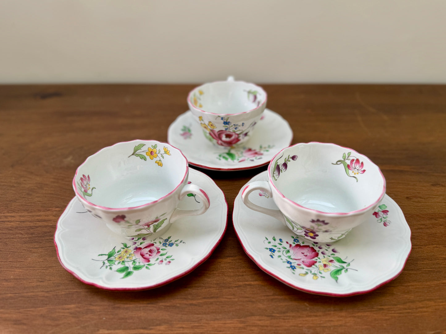 Set of Three Vintage Floral Teacups and Saucers, Spode & KG Lunéville