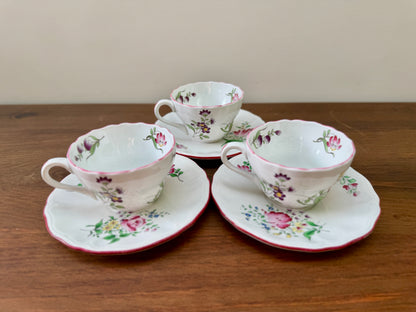 Set of Three Vintage Floral Teacups and Saucers, Spode & KG Lunéville