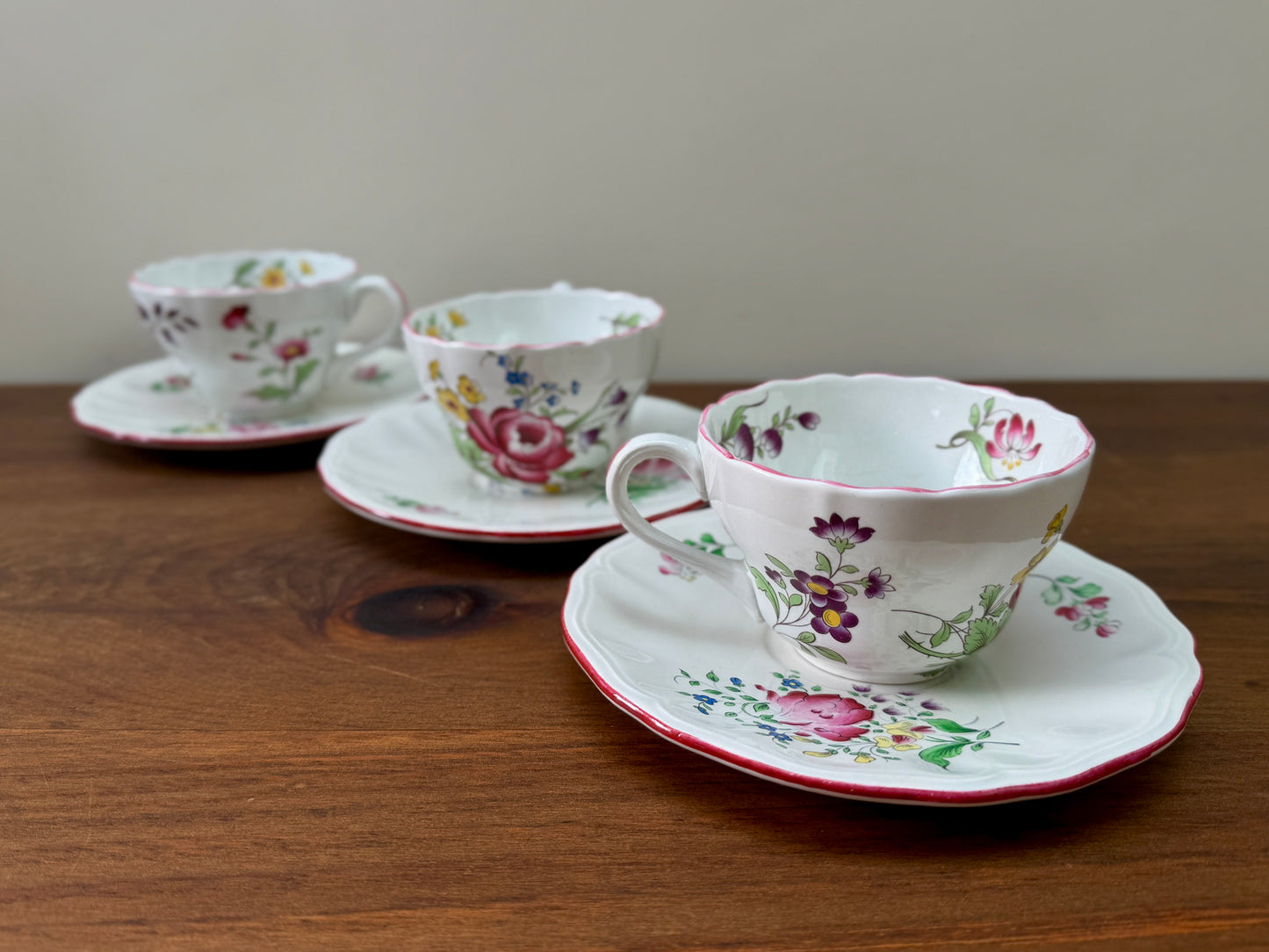 Set of Three Vintage Floral Teacups and Saucers, Spode & KG Lunéville