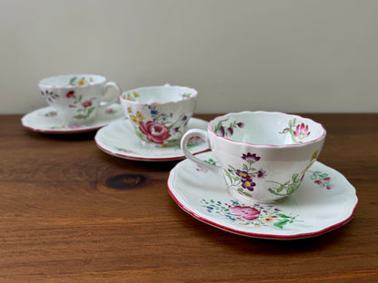 Set of Three Vintage Floral Teacups and Saucers, Spode & KG Lunéville