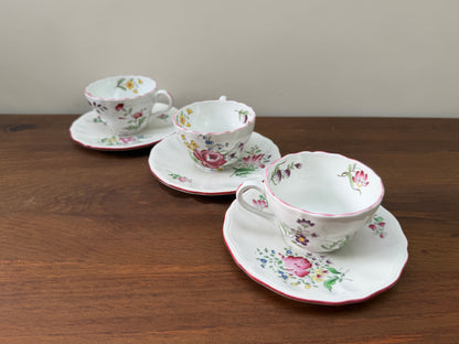 Set of Three Vintage Floral Teacups and Saucers, Spode & KG Lunéville