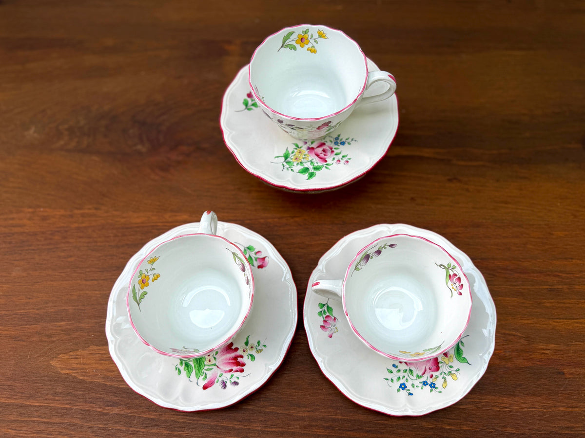 Set of Three Vintage Floral Teacups and Saucers, Spode & KG Lunéville
