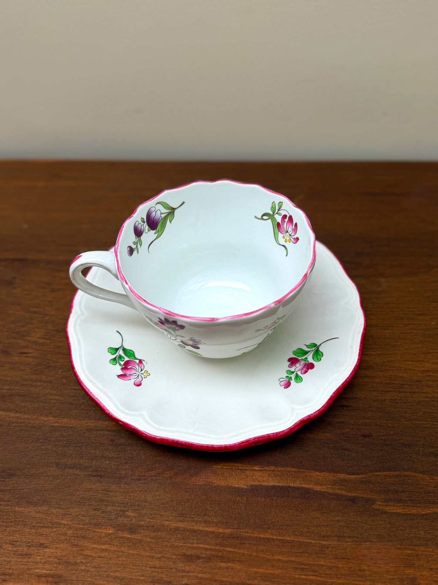 Set of Three Vintage Floral Teacups and Saucers, Spode & KG Lunéville