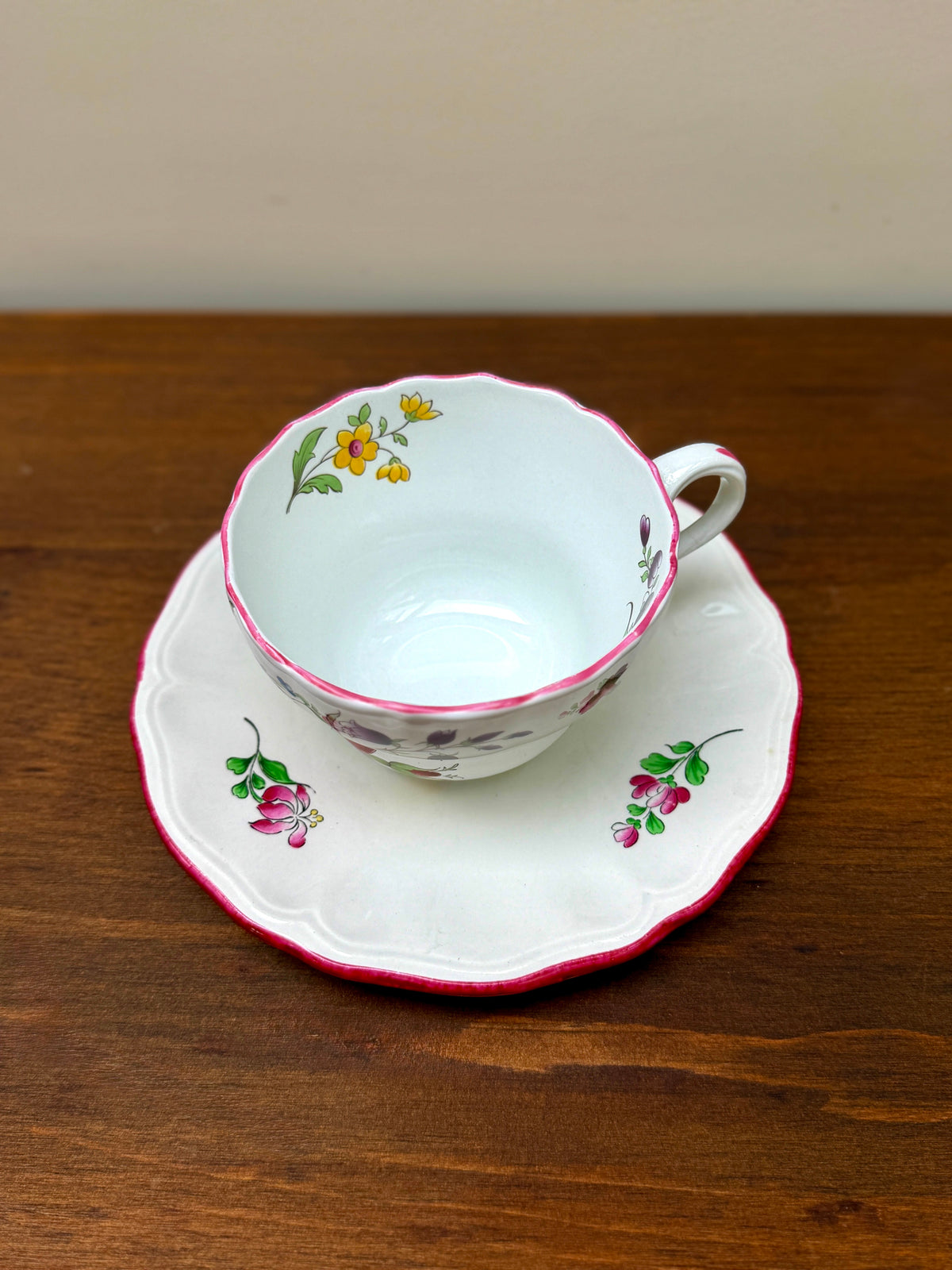 Set of Three Vintage Floral Teacups and Saucers, Spode & KG Lunéville