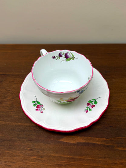 Set of Three Vintage Floral Teacups and Saucers, Spode & KG Lunéville
