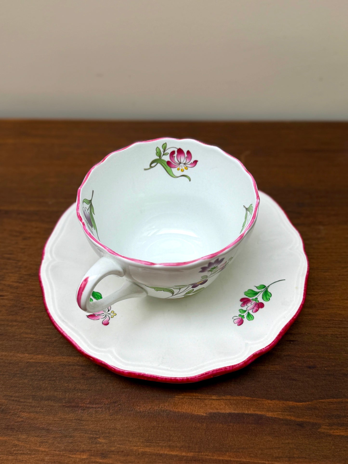 Set of Three Vintage Floral Teacups and Saucers, Spode & KG Lunéville
