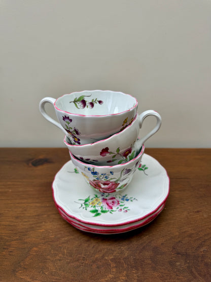Set of Three Vintage Floral Teacups and Saucers, Spode & KG Lunéville