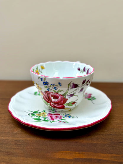 Set of Three Vintage Floral Teacups and Saucers, Spode & KG Lunéville