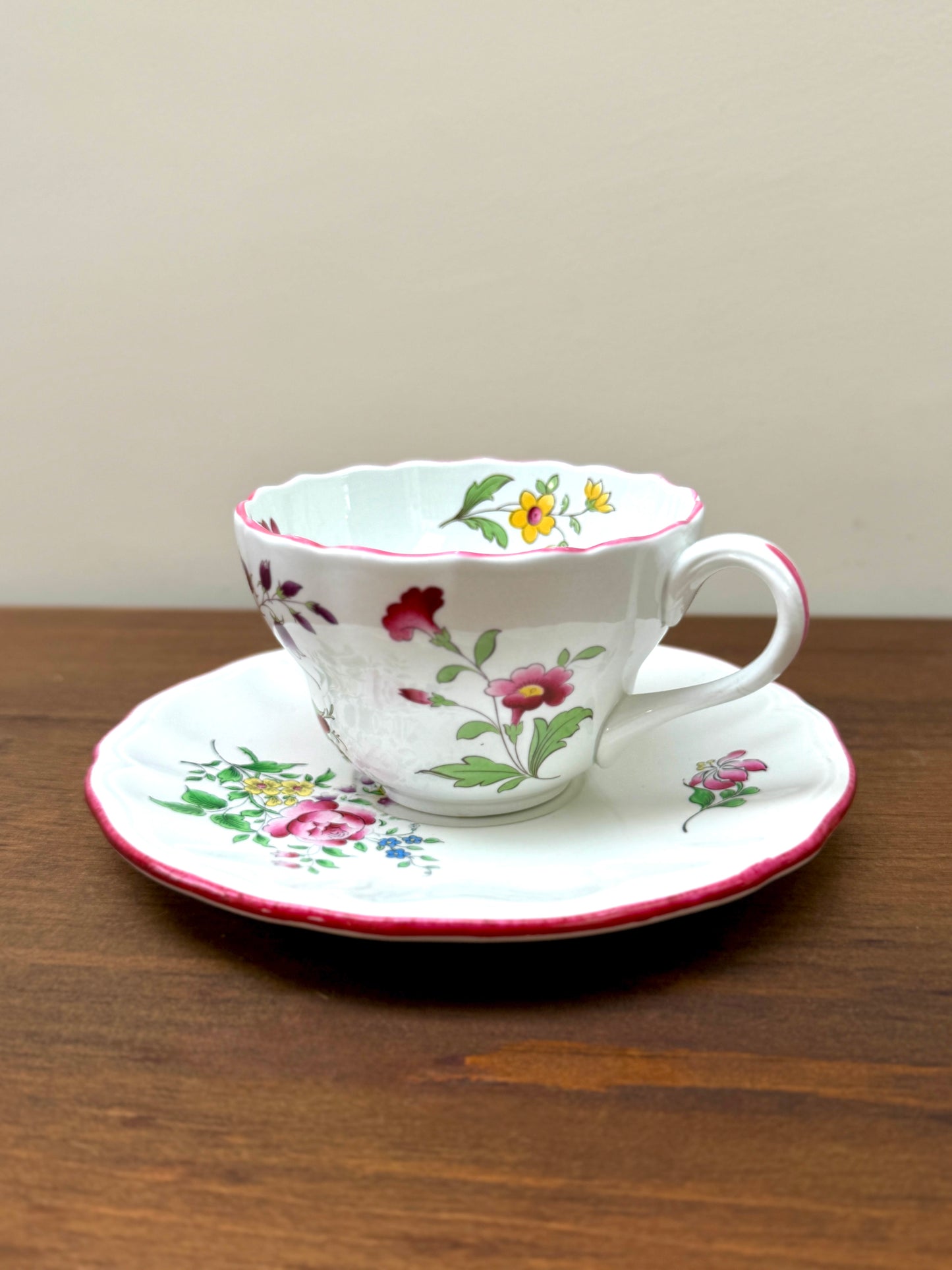 Set of Three Vintage Floral Teacups and Saucers, Spode & KG Lunéville