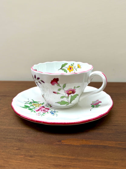 Set of Three Vintage Floral Teacups and Saucers, Spode & KG Lunéville
