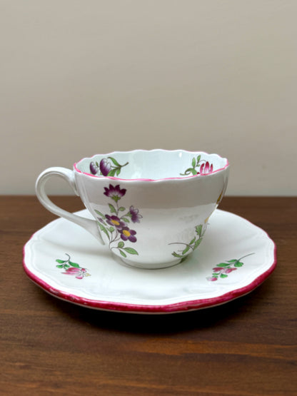 Set of Three Vintage Floral Teacups and Saucers, Spode & KG Lunéville