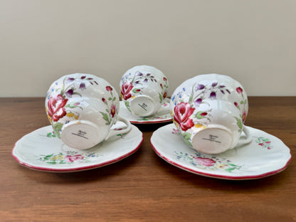 Set of Three Vintage Floral Teacups and Saucers, Spode & KG Lunéville