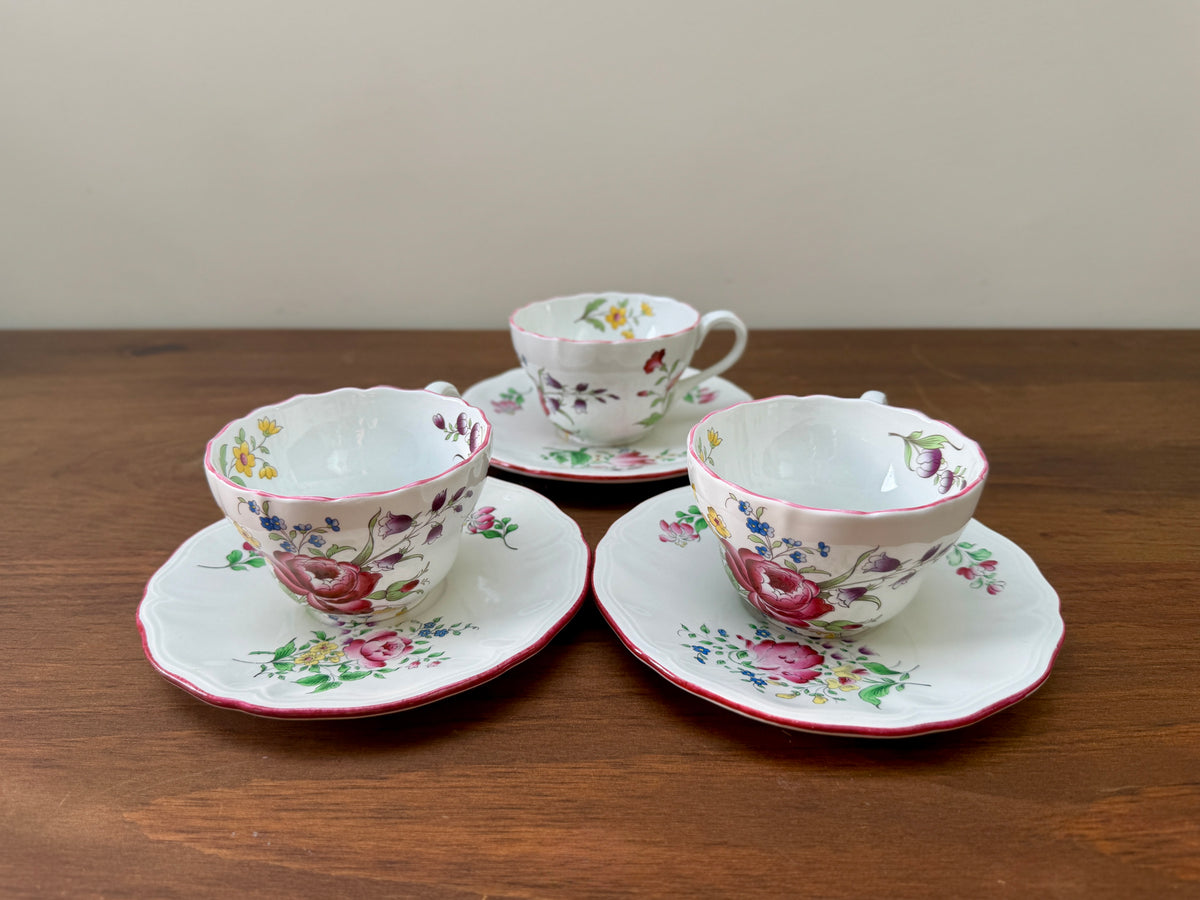 Set of Three Vintage Floral Teacups and Saucers, Spode & KG Lunéville
